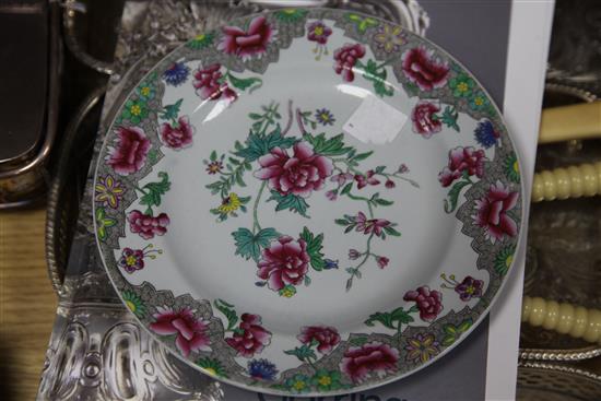 Two Chinese export famille rose shell dishes, a similar plate and two Spode stone china plates
